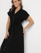 m&d fashion Rochie Neagră din Bumbac cu Croială Tip Cămașă cu Cordon Legat Elanitiela