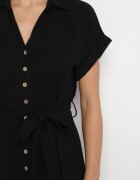 m&d fashion Rochie Neagră din Bumbac cu Croială Tip Cămașă cu Cordon Legat Elanitiela