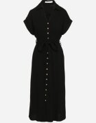 m&d fashion Rochie Neagră din Bumbac cu Croială Tip Cămașă cu Cordon Legat Elanitiela