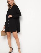 m&d fashion Rochie Neagră Oversize din Bumbac cu Croială Simplă Tip Cămașă Elanistra