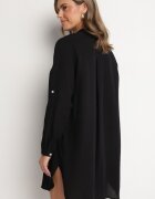 m&d fashion Rochie Neagră Oversize din Bumbac cu Croială Simplă Tip Cămașă Elanistra