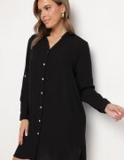 m&d fashion Rochie Neagră Oversize din Bumbac cu Croială Simplă Tip Cămașă Elanistra