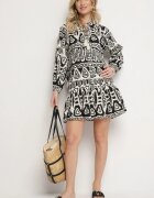 m&d fashion Rochie neagră vâscoză cu model etnic croi evazat și legătură Nalpio