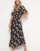 m&d fashion Rochie Negru-Roz cu Mânecă Scurtă și Elastic în Talie Legată la Spate cu Fir Metalic Virissa