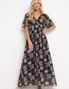 m&d fashion Rochie Negru-Roz cu Mânecă Scurtă și Elastic în Talie Legată la Spate cu Fir Metalic Virissa