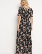 m&d fashion Rochie Negru-Roz cu Mânecă Scurtă și Elastic în Talie Legată la Spate cu Fir Metalic Virissa
