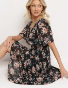 m&d fashion Rochie Negru-Roz cu Mânecă Scurtă și Elastic în Talie Legată la Spate cu Fir Metalic Virissa
