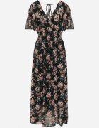 m&d fashion Rochie Negru-Roz cu Mânecă Scurtă și Elastic în Talie Legată la Spate cu Fir Metalic Virissa