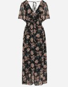 m&d fashion Rochie Negru-Roz cu Mânecă Scurtă și Elastic în Talie Legată la Spate cu Fir Metalic Virissa