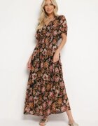 m&d fashion Rochie petrecută neagră și bej cu elastic în talie legată la spate decorată cu fir metalic Eollas