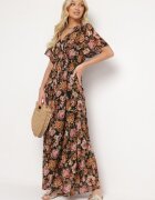 m&d fashion Rochie petrecută neagră și bej cu elastic în talie legată la spate decorată cu fir metalic Eollas