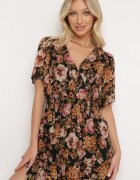 m&d fashion Rochie petrecută neagră și bej cu elastic în talie legată la spate decorată cu fir metalic Eollas