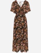 m&d fashion Rochie petrecută neagră și bej cu elastic în talie legată la spate decorată cu fir metalic Eollas