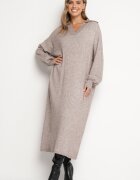 m&d fashion Rochie pulover bej croi drept din viscoză cu mâneci largi și guler Rinfera