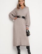 m&d fashion Rochie pulover bej croi drept din viscoză cu mâneci largi și guler Rinfera