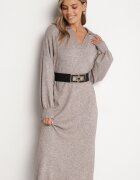 m&d fashion Rochie pulover bej croi drept din viscoză cu mâneci largi și guler Rinfera