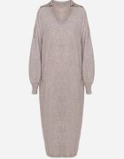 m&d fashion Rochie pulover bej croi drept din viscoză cu mâneci largi și guler Rinfera