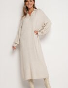 m&d fashion Rochie pulover bej deschis croială largă din viscoză cu mâneci largi și guler Rinfera