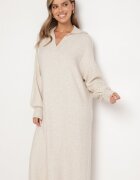 m&d fashion Rochie pulover bej deschis croială largă din viscoză cu mâneci largi și guler Rinfera