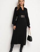 m&d fashion Rochie Pulover Neagră croială dreaptă cu vâscoză mâneci largi și guler Rinfera
