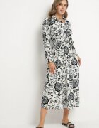 m&d fashion Rochie tip cămașă Albastră din Viscoză cu imprimeu floral cu cordon de legat Lorkia