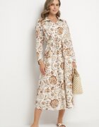 m&d fashion Rochie Tip Cămașă Bej Deschis din Viscoză cu Imprimeu Floral cu Cordon de Legat Lorkia