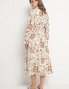 m&d fashion Rochie Tip Cămașă Bej Deschis din Viscoză cu Imprimeu Floral cu Cordon de Legat Lorkia