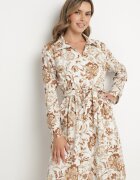 m&d fashion Rochie Tip Cămașă Bej Deschis din Viscoză cu Imprimeu Floral cu Cordon de Legat Lorkia