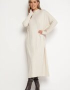 m&d fashion Rochie Tricotată Bej Deschis cu Guler Înalt și Vâscoză cu Croială Tip Cutie Alirinna