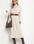 m&d fashion Rochie Tricotată Bej Deschis cu Guler Înalt și Vâscoză cu Croială Tip Cutie Alirinna