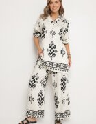 m&d fashion Set Alb cu Viscoză cu Model Etnic Cămașă și Pantaloni Meporelle