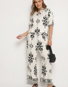 m&d fashion Set Alb cu Viscoză cu Model Etnic Cămașă și Pantaloni Meporelle