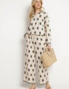 m&d fashion Set bej deschis Oversize din viscoză Cămașă și Pantaloni decorate cu model etnic Janileva