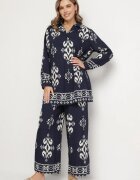 m&d fashion Set Bleumarin din Viscoză cu Imprimeu Etnic Cămașă și Pantaloni Meporelle