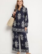m&d fashion Set Bleumarin din Viscoză cu Imprimeu Etnic Cămașă și Pantaloni Meporelle