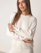 m&d fashion Set din tricot cu vâscoză pantaloni drepți și pulover cu detaliu la manșete Vivolo Bej deschis