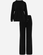 m&d fashion Set din tricot cu vâscoză pantaloni drepți și pulover cu detaliu la manșete Vivolo Negru