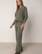 m&d fashion Set din tricot cu vâscoză pantaloni drepți și pulover cu detaliu la manșete Vivolo Verde închis
