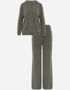 m&d fashion Set din tricot cu vâscoză pantaloni drepți și pulover cu detaliu la manșete Vivolo Verde închis