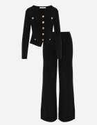 m&d fashion Set elegant din tricot reiat cu vâscoză cardigan cu decolteu în V și pantaloni Denorra Negru
