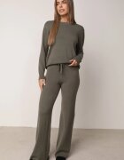 m&d fashion Set tricotat: bluză și pantaloni cu croială dreaptă în talie elastică cu vâscoză Lirette Bej Verde închis