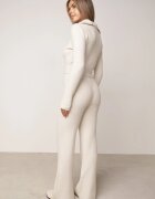 m&d fashion Set tricotat cu vâscoză în dungi pantaloni și pulover cu guler tip tunică și fermoar Taraliel Bej deschis