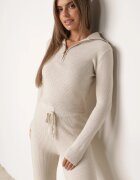 m&d fashion Set tricotat cu vâscoză în dungi pantaloni și pulover cu guler tip tunică și fermoar Taraliel Bej deschis