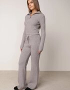 m&d fashion Set tricotat cu vâscoză în dungi pantaloni și pulover cu guler tip tunică și fermoar Taraliel Gri