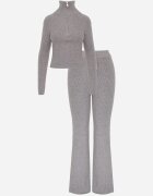 m&d fashion Set tricotat cu vâscoză în dungi pantaloni și pulover cu guler tip tunică și fermoar Taraliel Gri