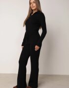 m&d fashion Set tricotat cu vâscoză în dungi pantaloni și pulover cu guler tip tunică și fermoar Taraliel Negru