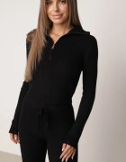 m&d fashion Set tricotat cu vâscoză în dungi pantaloni și pulover cu guler tip tunică și fermoar Taraliel Negru