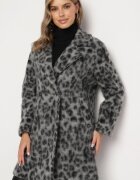 Made in Italy Palton Gri Dublu piept cu imprimeu leopard cu buzunare laterale Niathriel