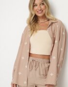 maja studio Compleu Bej închis din Viscoză Croi Oversize Cămașă cu Broderie și Pantaloni Sadeonna