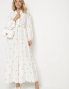 maja studio Rochie Albă din Vâscoză cu Croială Cloș cu Broderie Decorativă Nalariel